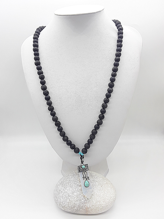 The Phoenix Opalite Necklace by Polmadeva – black onyx, lava stone and turquoise necklace with silver opalite pendant symbolizing rebirth and renewal