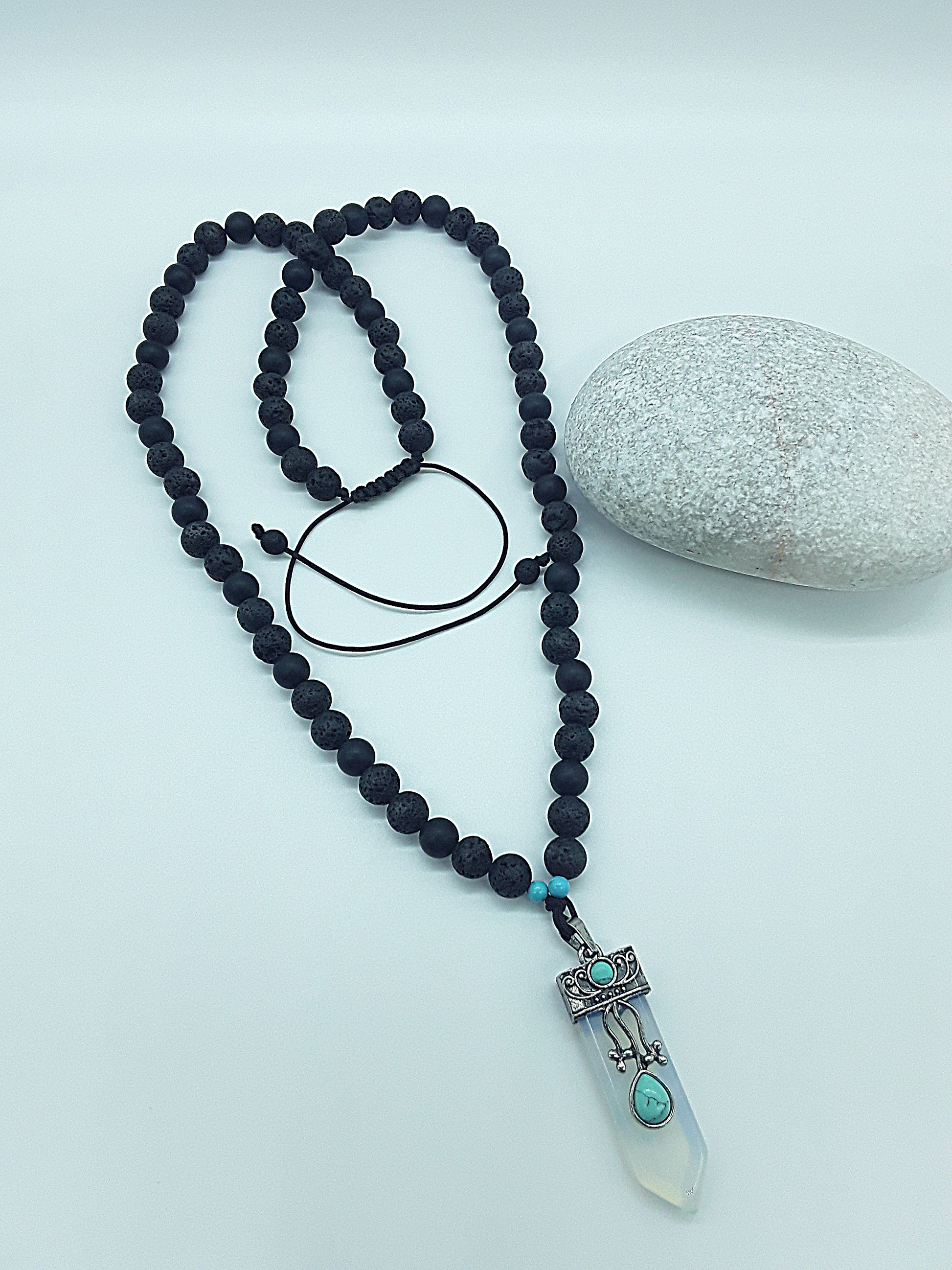 The Phoenix Opalite Necklace by Polmadeva – black onyx, lava stone and turquoise necklace with silver opalite pendant symbolizing rebirth and renewal