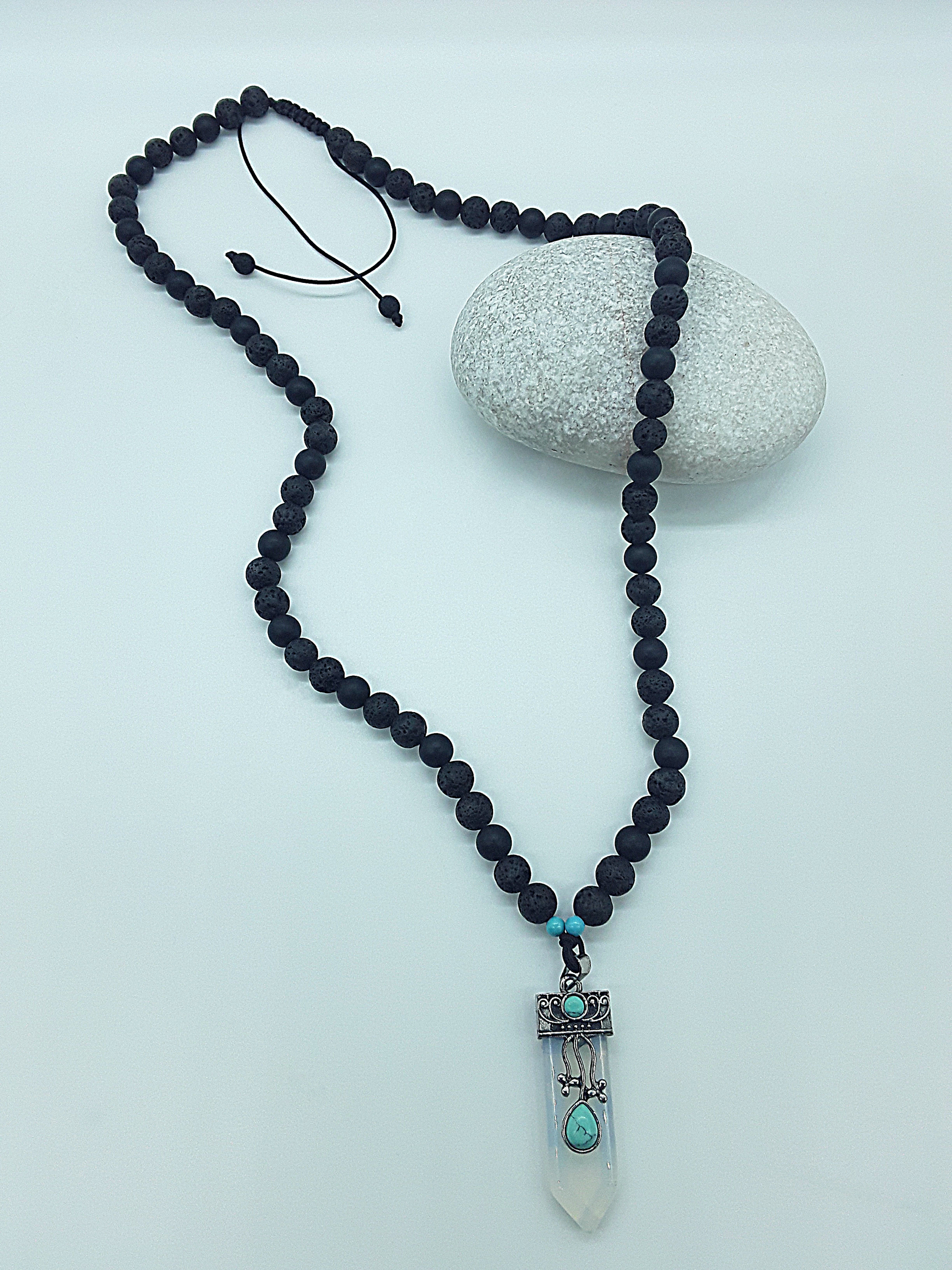 The Phoenix Opalite Necklace by Polmadeva – black onyx, lava stone and turquoise necklace with silver opalite pendant symbolizing rebirth and renewal