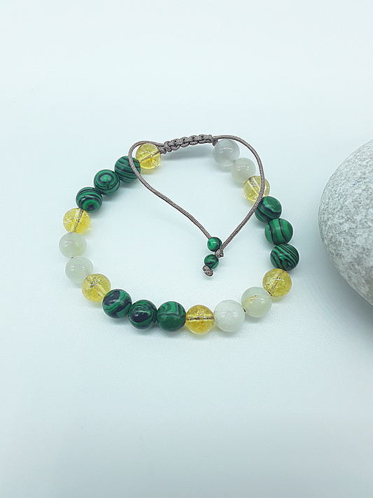 The Harmony Rising Bracelet by Polmadeva – malachite, citrine, and moonstone bracelet symbolizing balance, renewal, and luminous grace