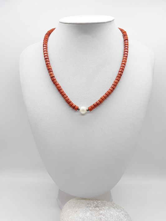 The Coral Flame Necklace by Polmadeva – red coral and freshwater pearl necklace with 925 silver symbolizing courage, elegance, and resilience