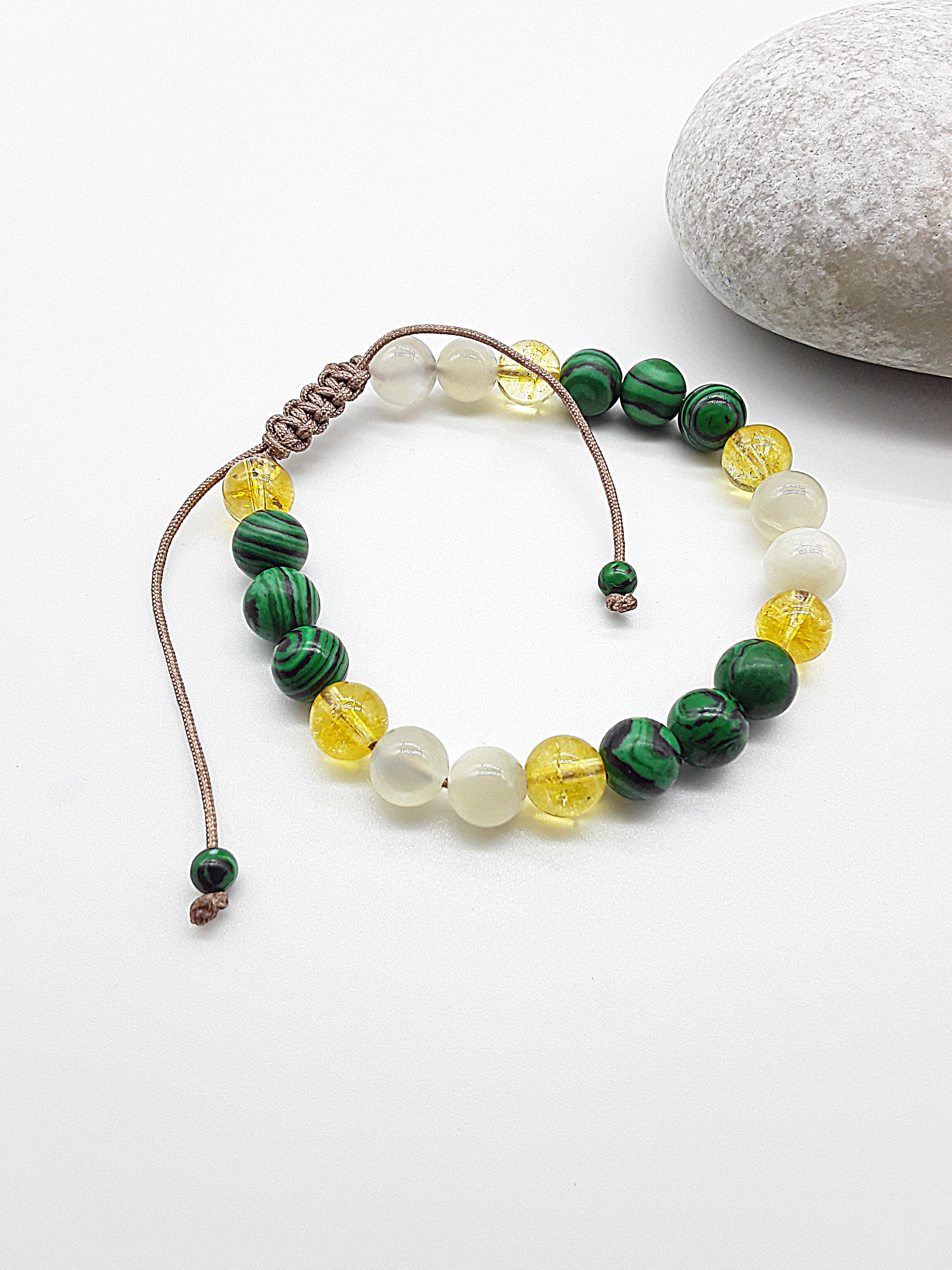 The Harmony Rising Bracelet by Polmadeva – malachite, citrine, and moonstone bracelet symbolizing balance, renewal, and luminous grace