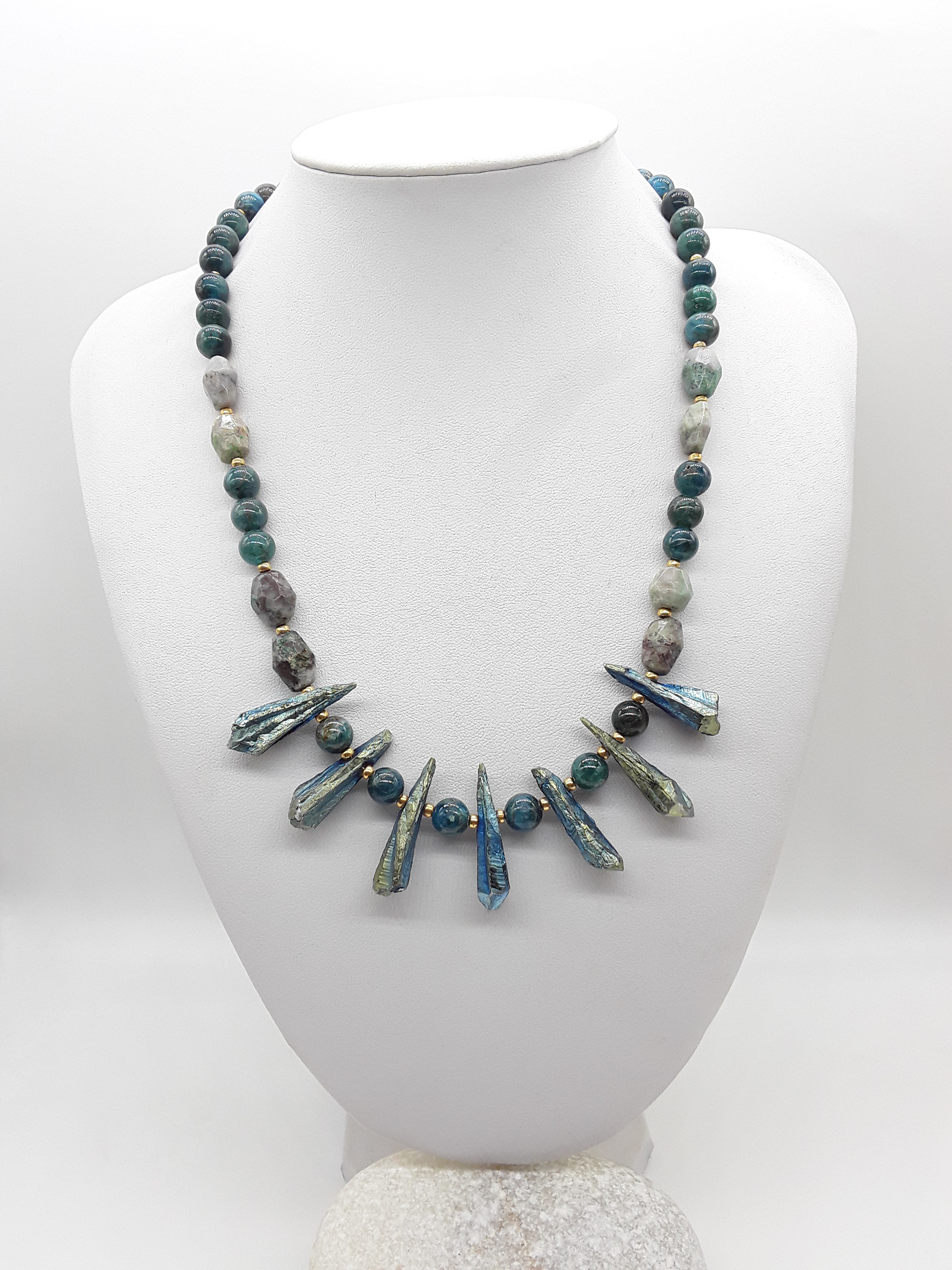 The Tidal Flame Necklace by Polmadeva – Apatite, Quartz Crystal & Turquoise necklace symbolizing oceanic balance and fiery transformation.