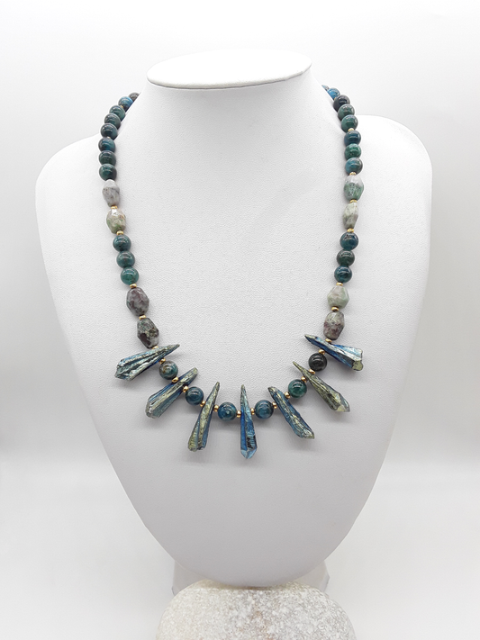 The Tidal Flame Necklace by Polmadeva – Apatite, Quartz Crystal & Turquoise necklace symbolizing oceanic balance and fiery transformation.