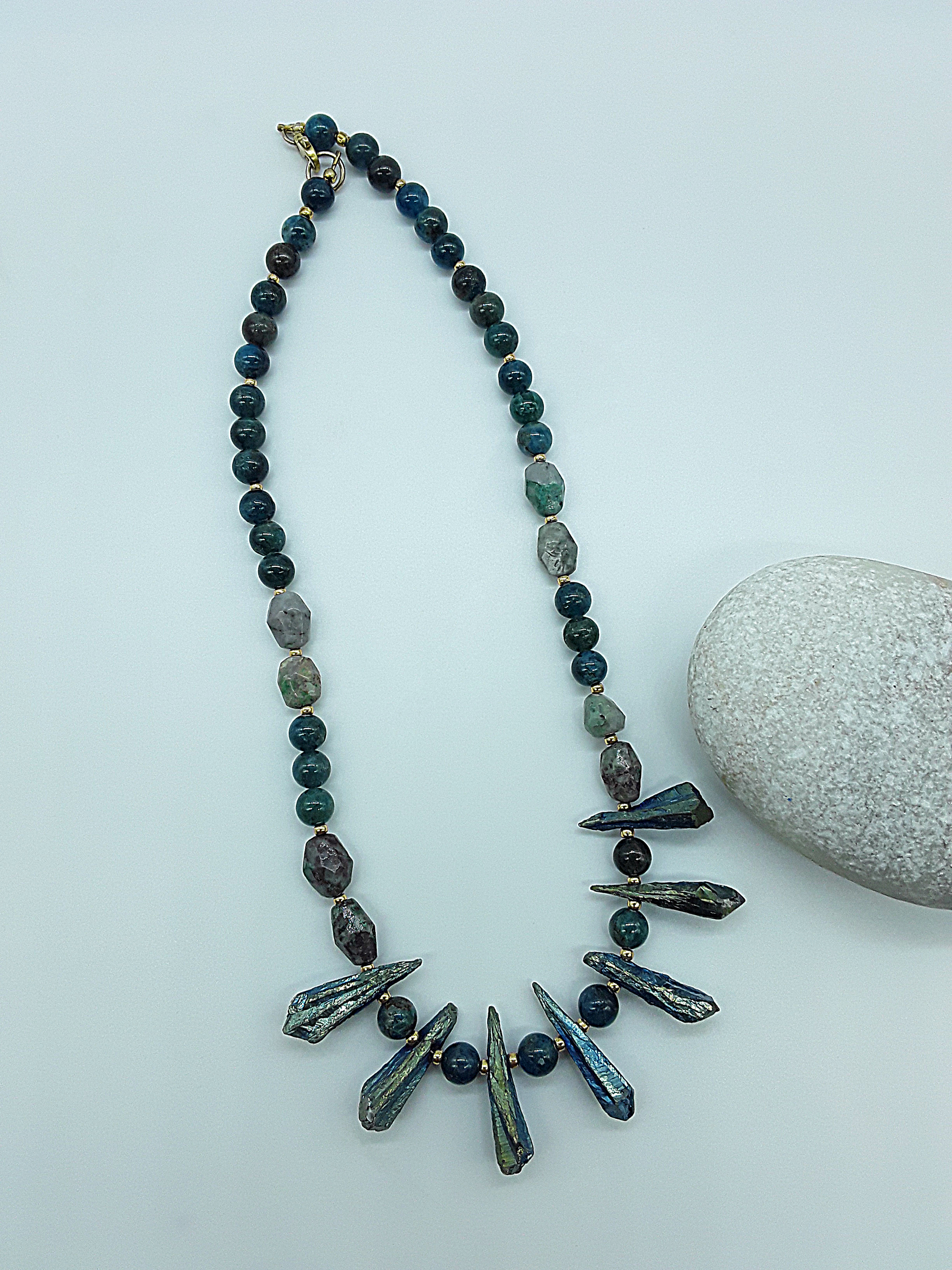 The Tidal Flame Necklace by Polmadeva – Apatite, Quartz Crystal & Turquoise necklace symbolizing oceanic balance and fiery transformation.