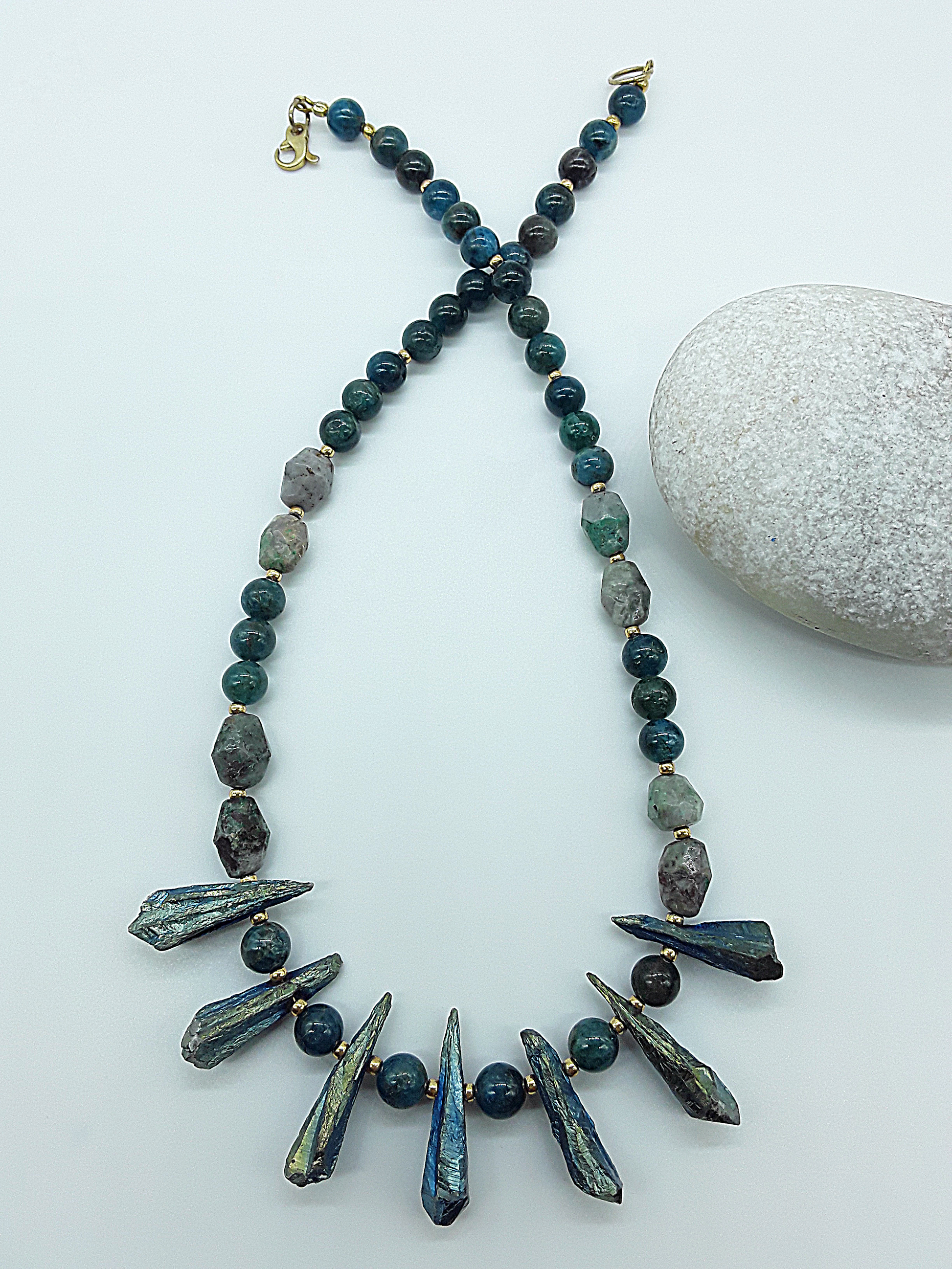 The Tidal Flame Necklace by Polmadeva – Apatite, Quartz Crystal & Turquoise necklace symbolizing oceanic balance and fiery transformation.