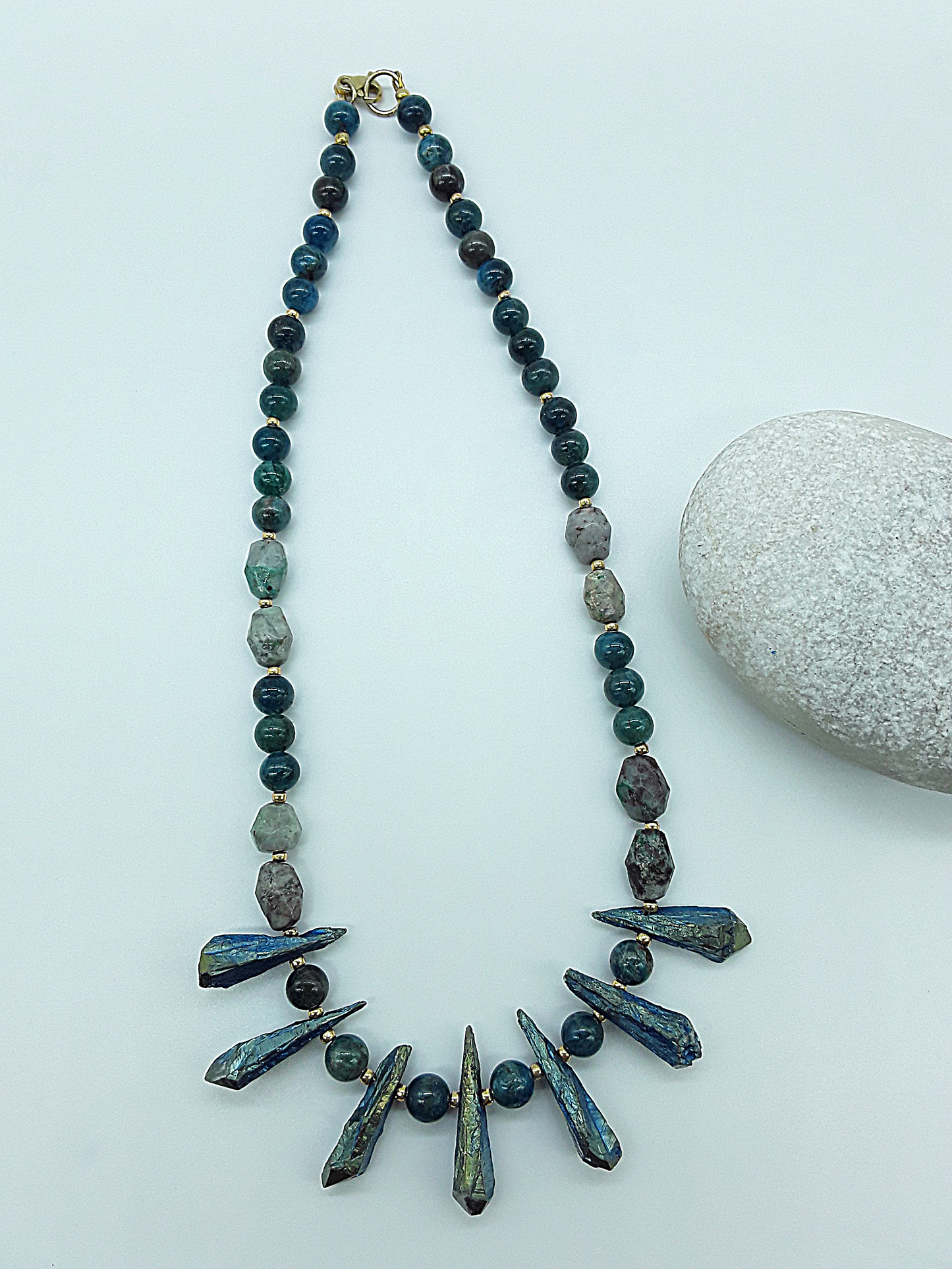 The Tidal Flame Necklace by Polmadeva – Apatite, Quartz Crystal & Turquoise necklace symbolizing oceanic balance and fiery transformation.