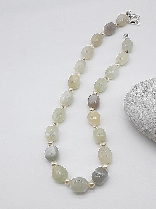 The Celestial Glow Necklace by Polmadeva – Swarovski pearls and moonstone necklace symbolizing transformation, serenity, and luminous grace