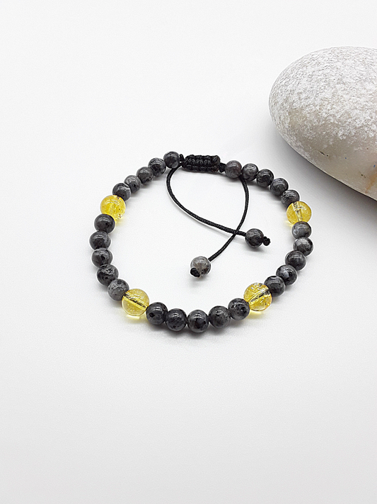 The Solar Veil Bracelet by Polmadeva – Labradorite and Citrine Crystal bracelet symbolizing balance, light, and transformation.