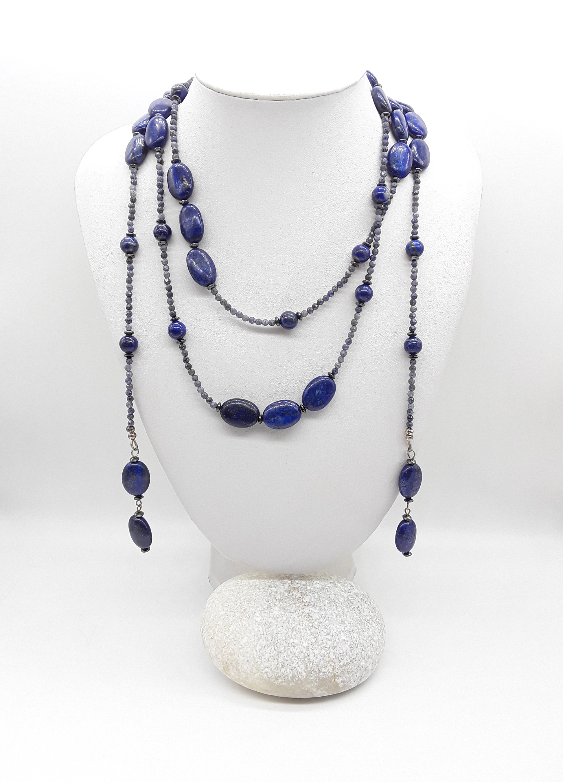 The Oracle’s Path Necklace by Polmadeva – handcrafted with sapphire, hematite & lapis lazuli, 925 silver, 142 cm. A talisman of vision and destiny.