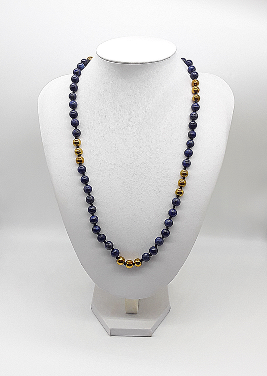 The Sacred Knots Necklace by Polmadeva – handcrafted Lapis Lazuli & Hematite necklace (8 mm), adjustable 60–80 cm. A talisman of vision, clarity & devotion.