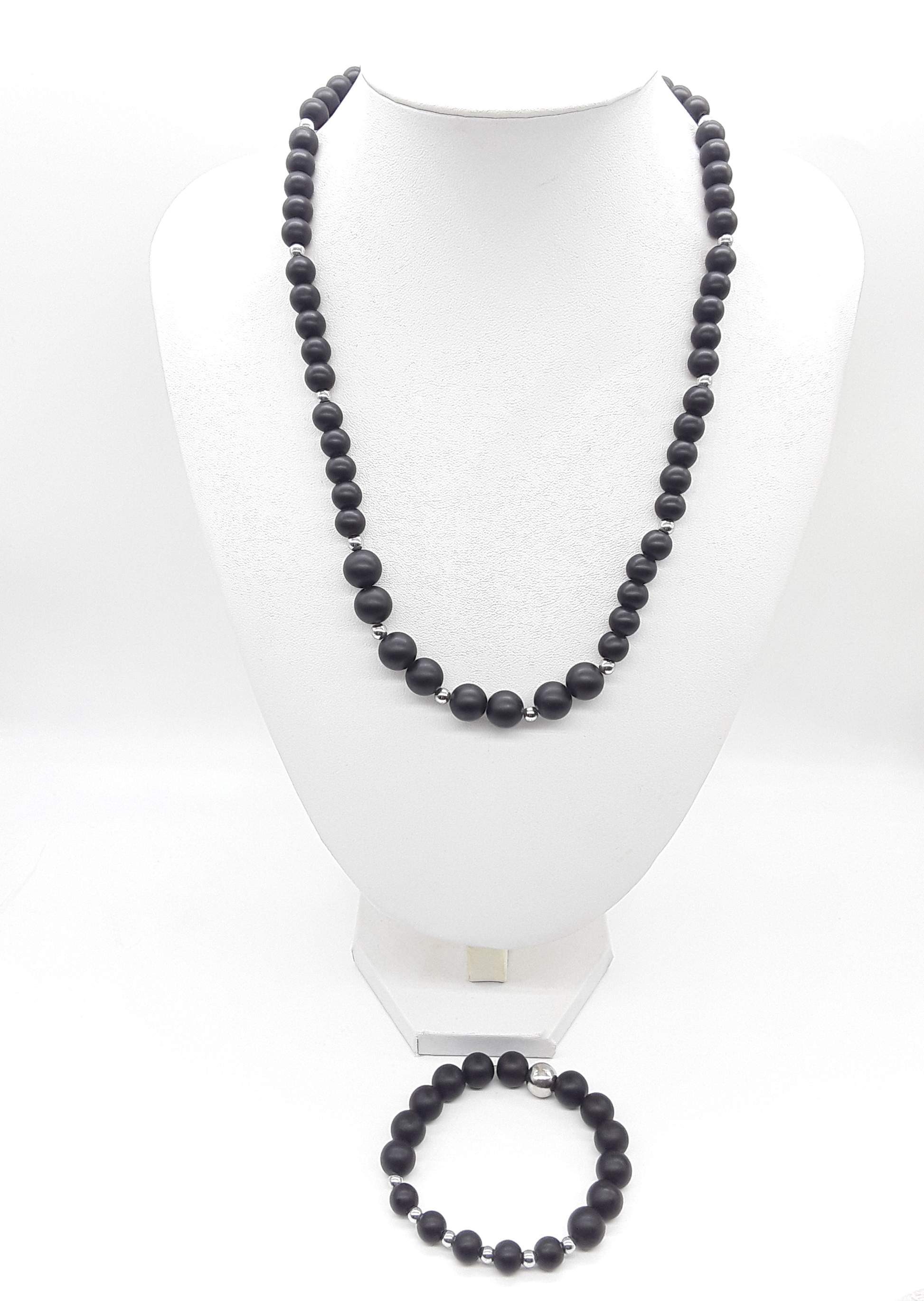 The Shadowguard Set by Polmadeva – matte black onyx and polished hematite necklace and bracelet symbolizing balance, strength, and timeless elegance