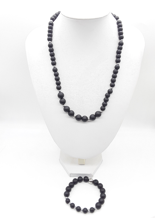 The Shadowguard Set by Polmadeva – matte black onyx and polished hematite necklace and bracelet symbolizing balance, strength, and timeless elegance