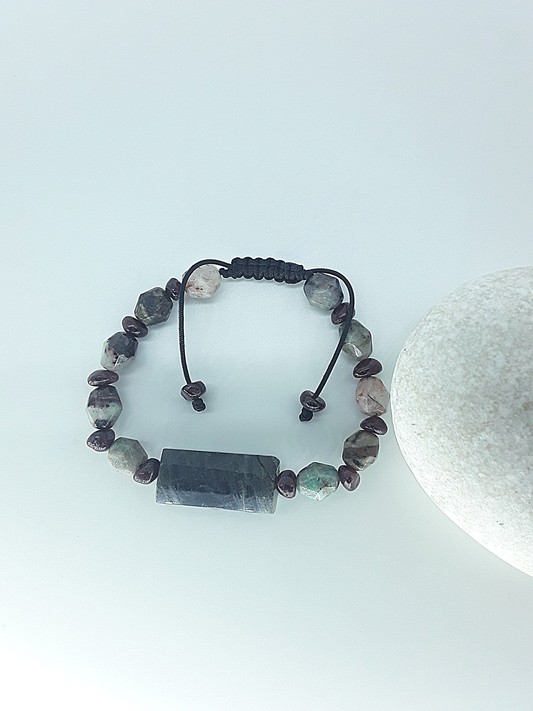 The Dawnstone Bracelet by Polmadeva – labradorite and garnet adjustable bracelet symbolizing renewal and inner strength