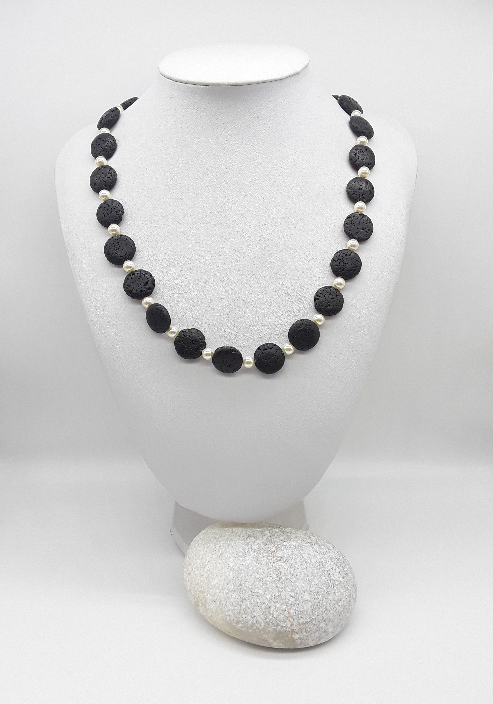 The Eclipse Necklace by Polmadeva – black lava stone and Swarovski pearl necklace with 925 silver symbolizing duality, strength, and elegance