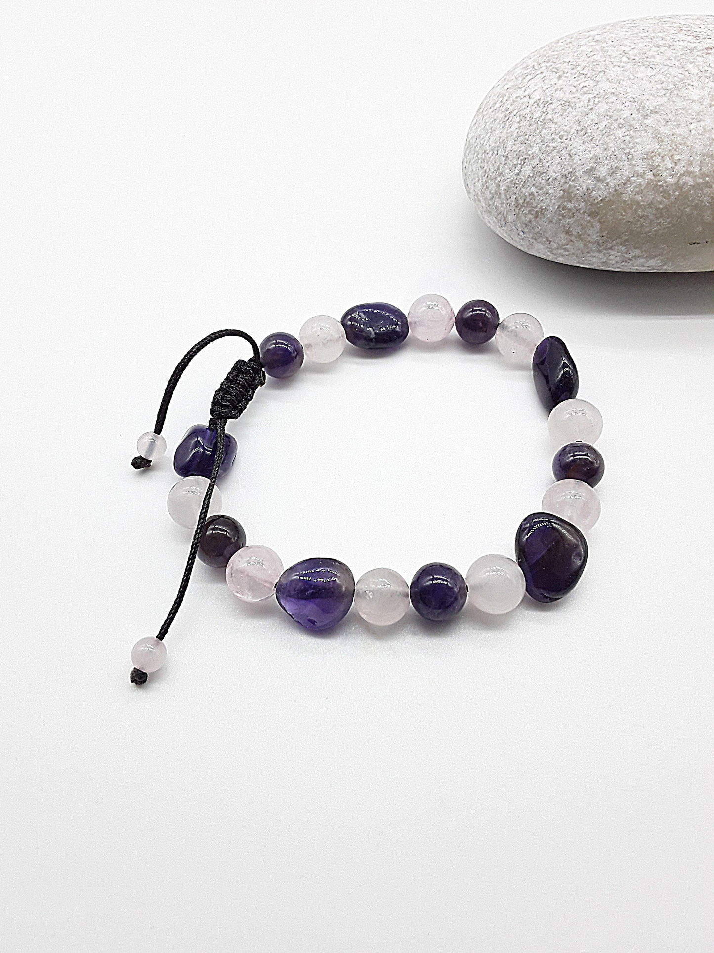 The Celestial Harmony Bracelet by Polmadeva – Amethyst and Quartz Crystal bracelet symbolizing intuition, clarity, and celestial balance.