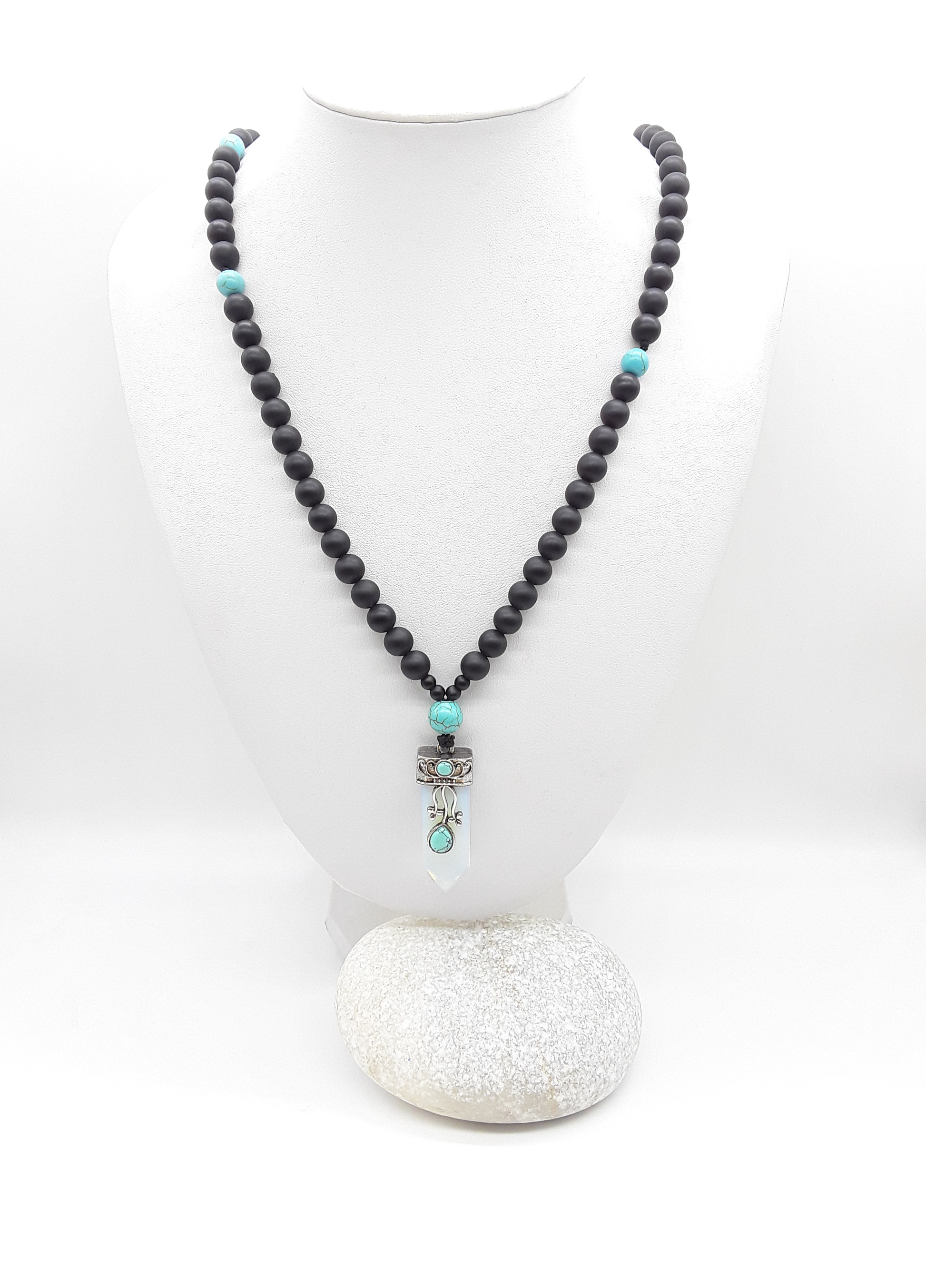 The Horizon Opalite Necklace by Polmadeva – black onyx and turquoise necklace with antique silver opalite pendant symbolizing transformation and renewal