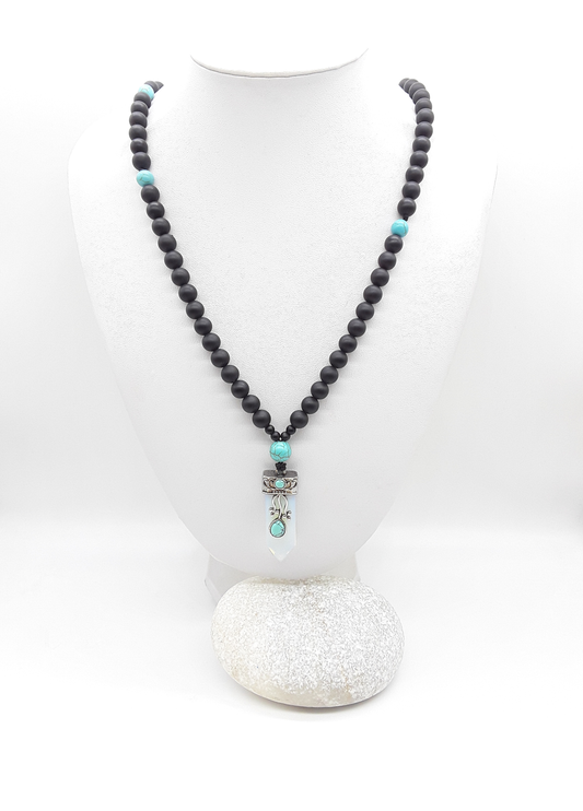The Horizon Opalite Necklace by Polmadeva – black onyx and turquoise necklace with antique silver opalite pendant symbolizing transformation and renewal