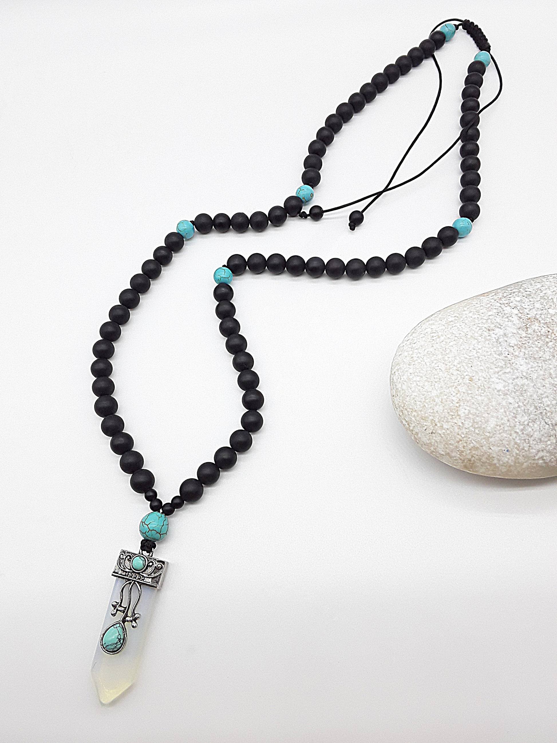 The Horizon Opalite Necklace by Polmadeva – black onyx and turquoise necklace with antique silver opalite pendant symbolizing transformation and renewal