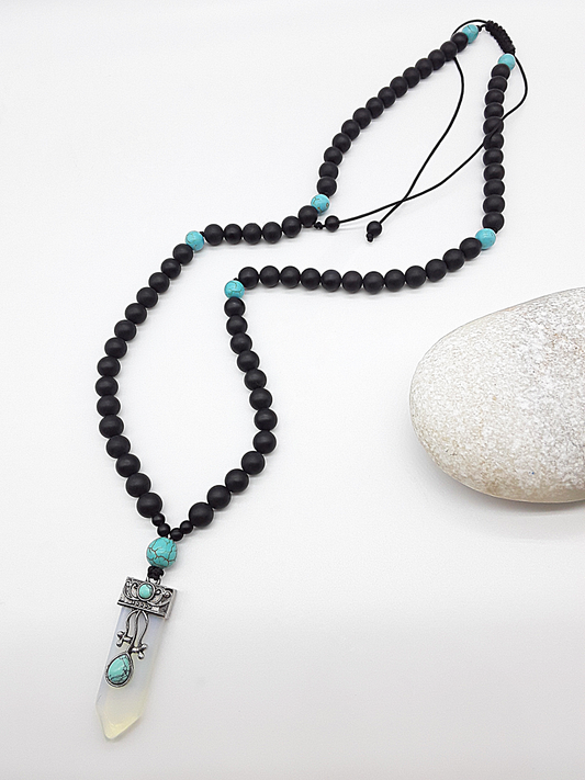 The Horizon Opalite Necklace by Polmadeva – black onyx and turquoise necklace with antique silver opalite pendant symbolizing transformation and renewal