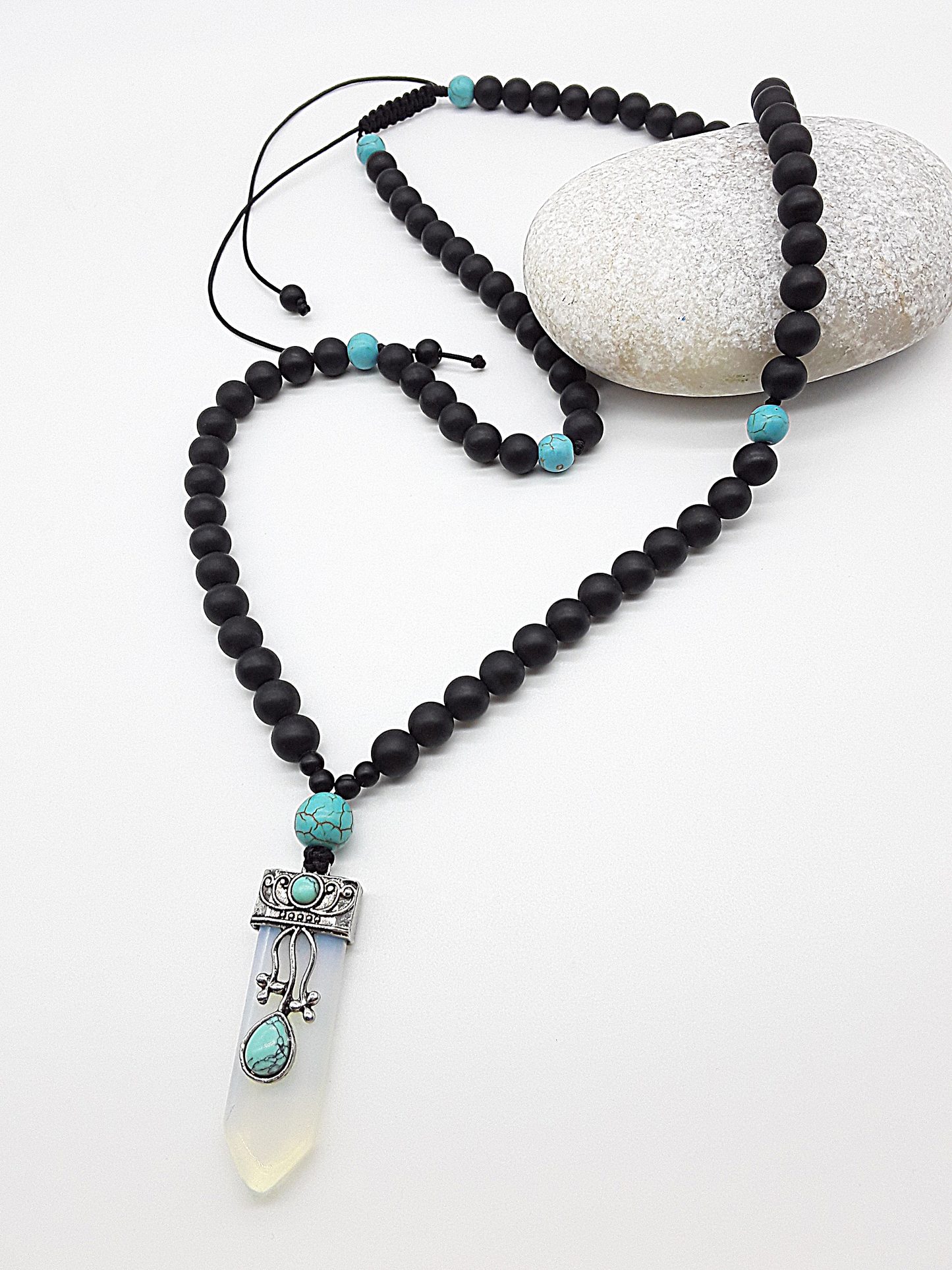 The Horizon Opalite Necklace by Polmadeva – black onyx and turquoise necklace with antique silver opalite pendant symbolizing transformation and renewal