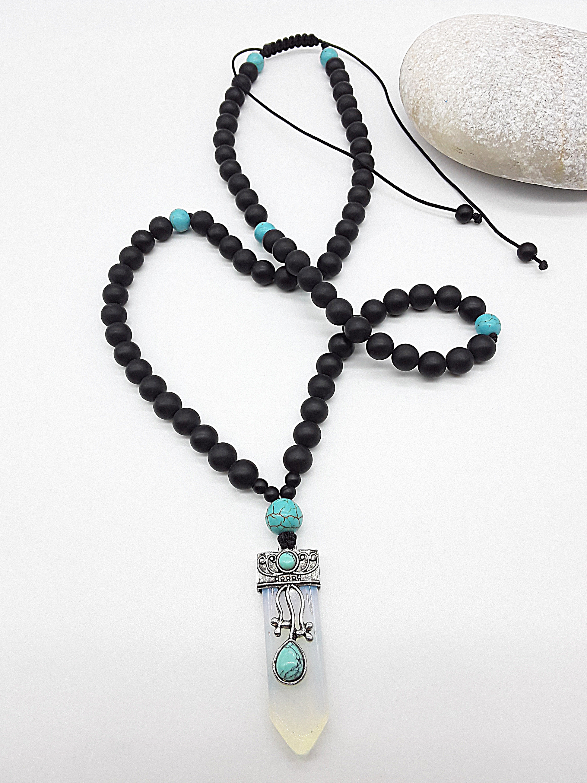 The Horizon Opalite Necklace by Polmadeva – black onyx and turquoise necklace with antique silver opalite pendant symbolizing transformation and renewal