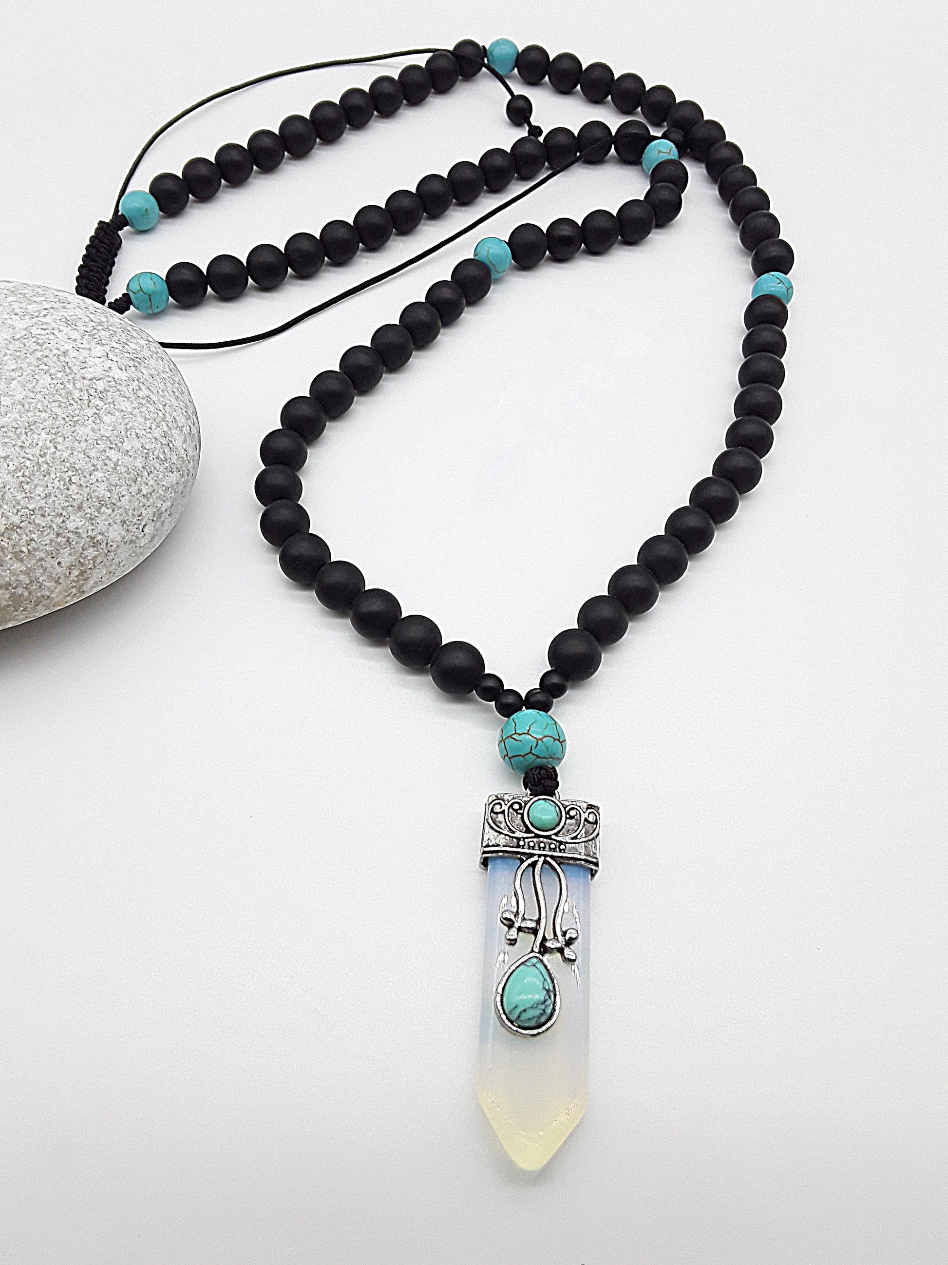 The Horizon Opalite Necklace by Polmadeva – black onyx and turquoise necklace with antique silver opalite pendant symbolizing transformation and renewal