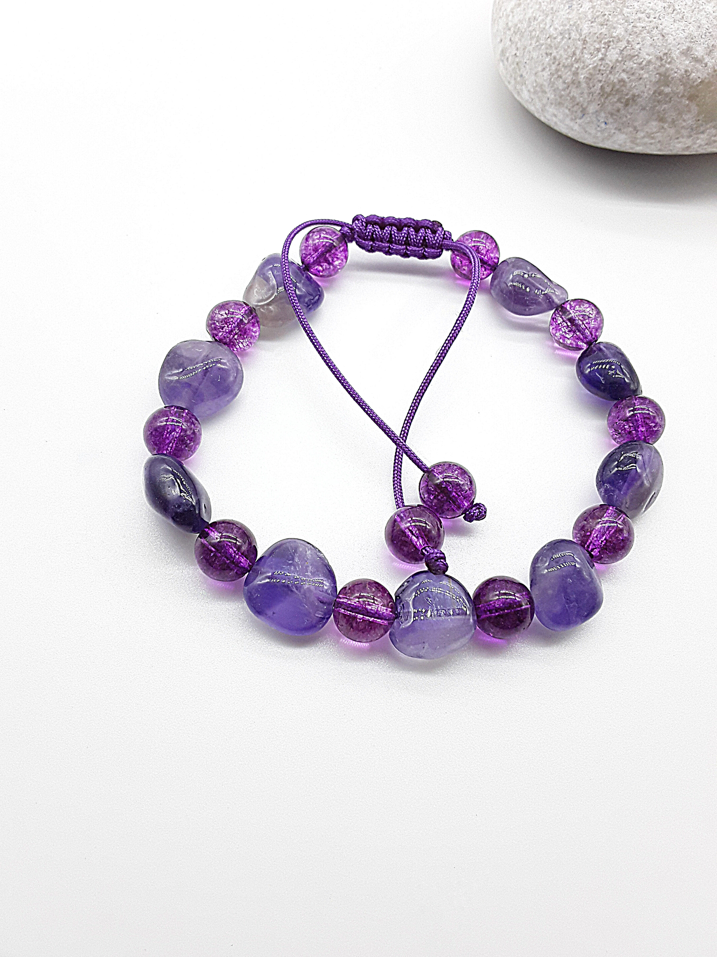 The Mystic Veil Bracelet by Polmadeva – Amethyst and Purple Quartz bracelet symbolizing intuition, clarity, and spiritual harmony.