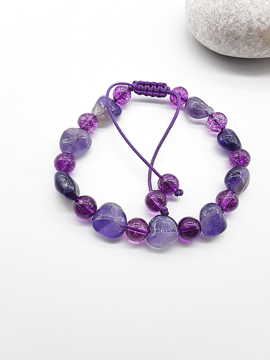 The Mystic Veil Bracelet by Polmadeva – Amethyst and Purple Quartz bracelet symbolizing intuition, clarity, and spiritual harmony.
