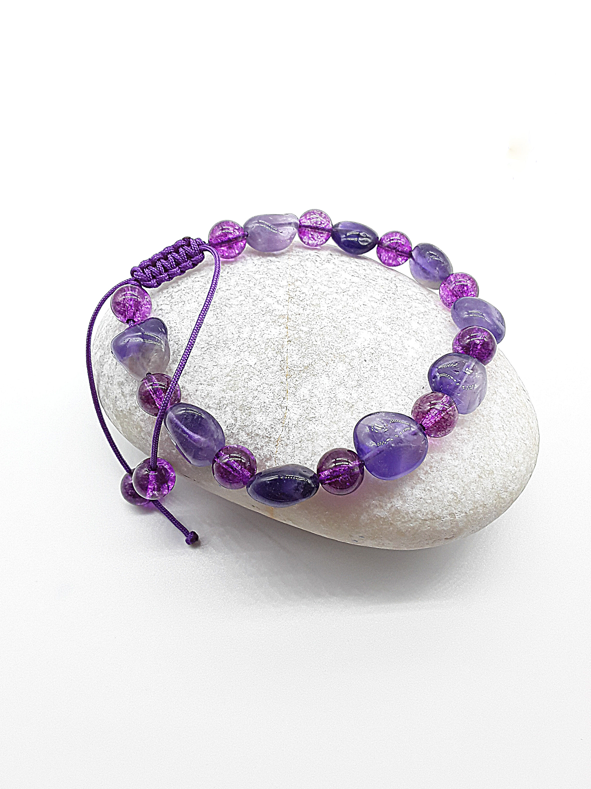 The Mystic Veil Bracelet by Polmadeva – Amethyst and Purple Quartz bracelet symbolizing intuition, clarity, and spiritual harmony.