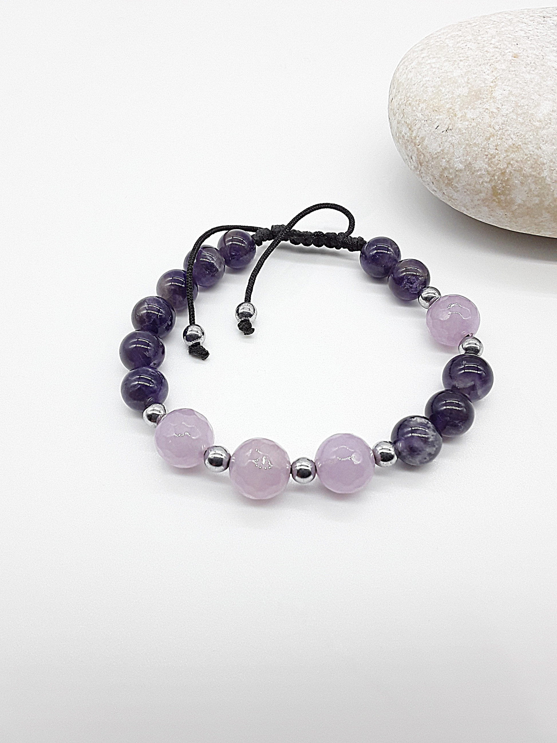 The Trinity Balance Bracelet by Polmadeva – Hematite, Amethyst & Quartz Crystal bracelet symbolizing harmony, clarity, and spiritual grounding.