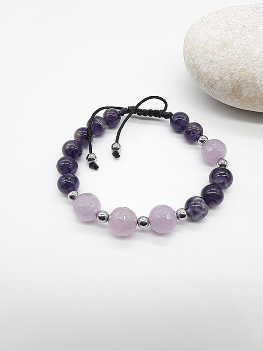 The Trinity Balance Bracelet by Polmadeva – Hematite, Amethyst & Quartz Crystal bracelet symbolizing harmony, clarity, and spiritual grounding.