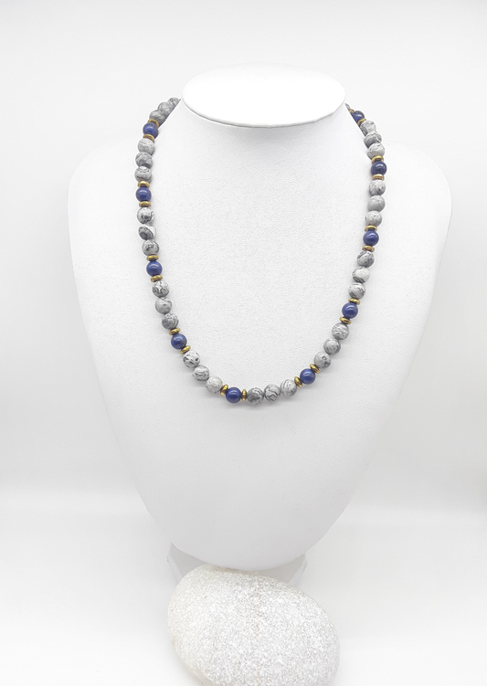 The Vision Horizon Necklace by Polmadeva – handcrafted Jasper, Lapis Lazuli & Hematite necklace (48 cm) with steel clasp. A talisman of balance & clarity.