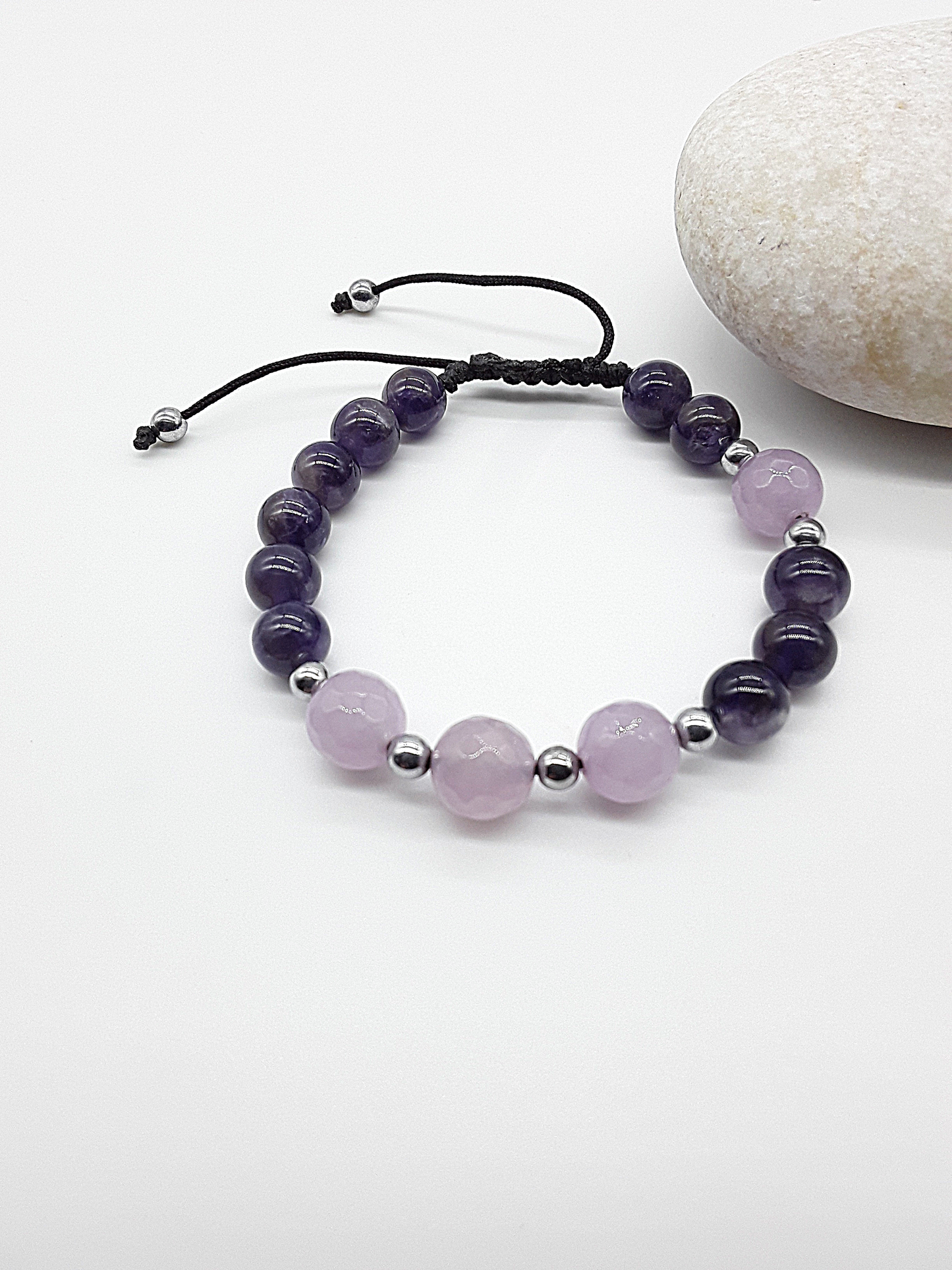 The Trinity Balance Bracelet by Polmadeva – Hematite, Amethyst & Quartz Crystal bracelet symbolizing harmony, clarity, and spiritual grounding.