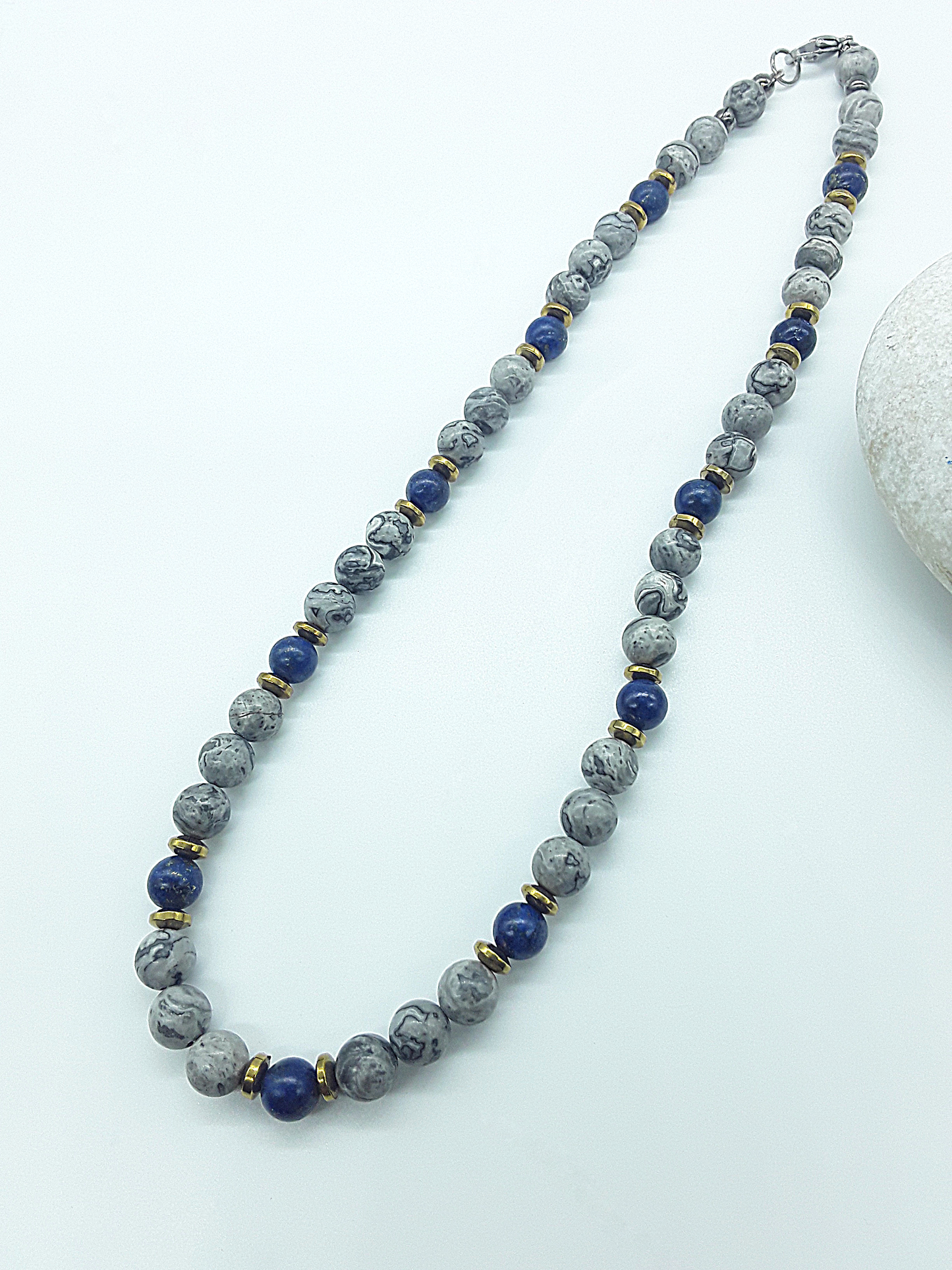 The Vision Horizon Necklace by Polmadeva – handcrafted Jasper, Lapis Lazuli & Hematite necklace (48 cm) with steel clasp. A talisman of balance & clarity.