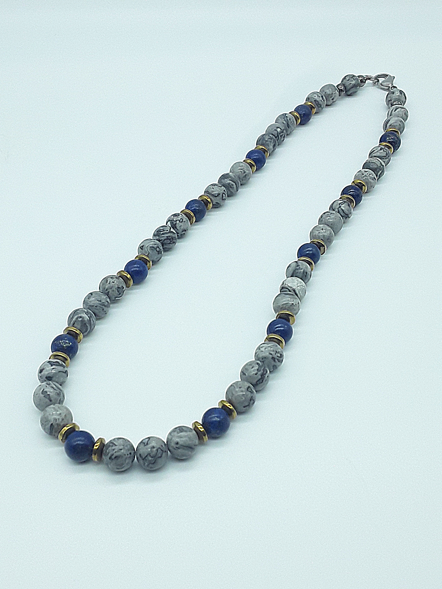 The Vision Horizon Necklace by Polmadeva – handcrafted Jasper, Lapis Lazuli & Hematite necklace (48 cm) with steel clasp. A talisman of balance & clarity.