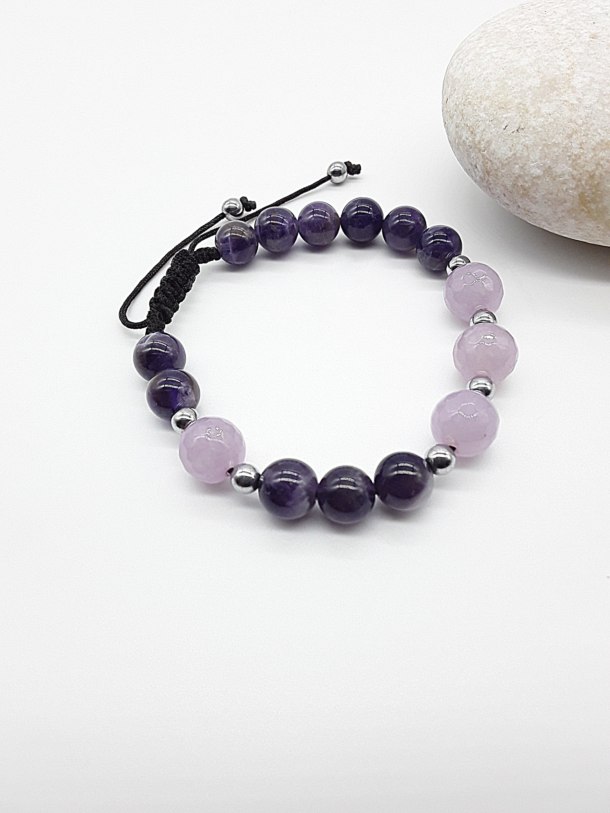 The Trinity Balance Bracelet by Polmadeva – Hematite, Amethyst & Quartz Crystal bracelet symbolizing harmony, clarity, and spiritual grounding.