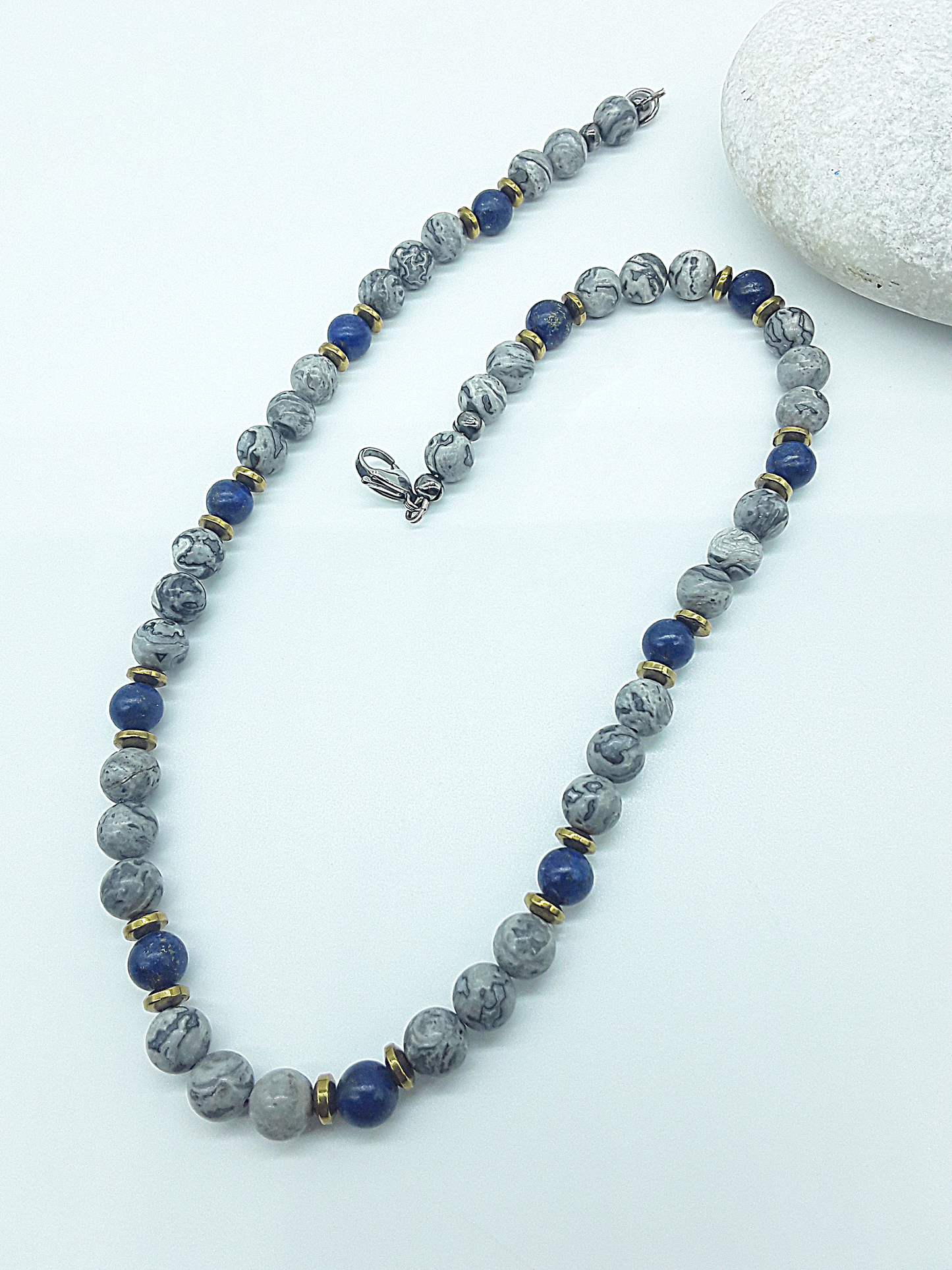The Vision Horizon Necklace by Polmadeva – handcrafted Jasper, Lapis Lazuli & Hematite necklace (48 cm) with steel clasp. A talisman of balance & clarity.