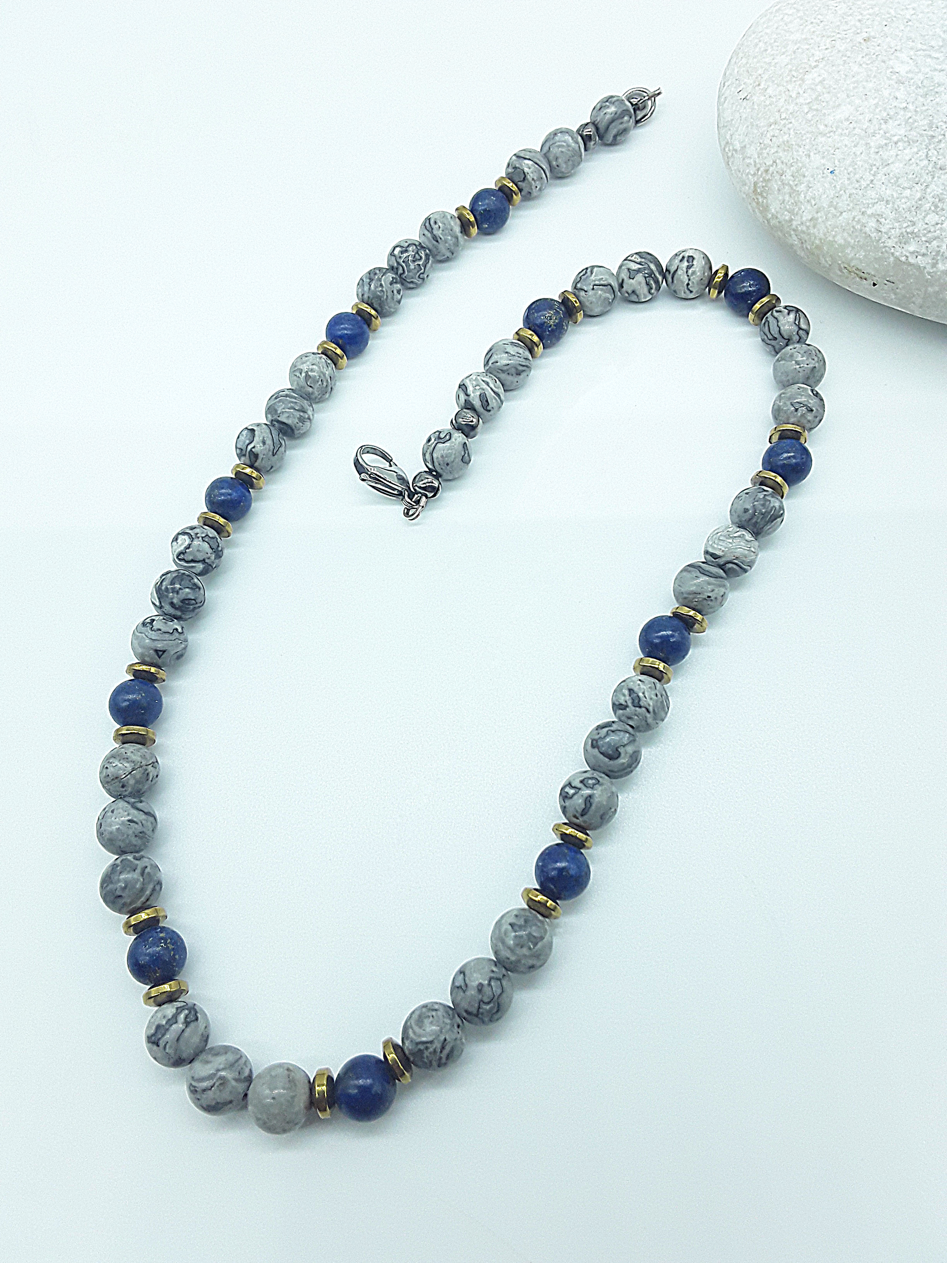 The Vision Horizon Necklace by Polmadeva – handcrafted Jasper, Lapis Lazuli & Hematite necklace (48 cm) with steel clasp. A talisman of balance & clarity.