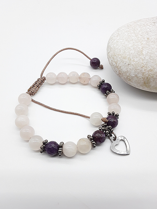 The Heart of Grace Bracelet by Polmadeva – rose quartz and agate bracelet with stainless steel heart symbolizing love, strength, and compassion