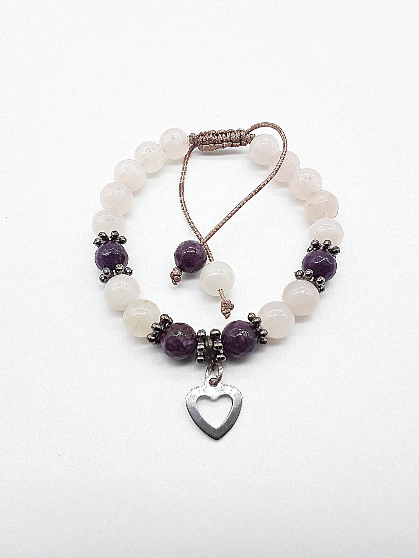 The Heart of Grace Bracelet by Polmadeva – rose quartz and agate bracelet with stainless steel heart symbolizing love, strength, and compassion