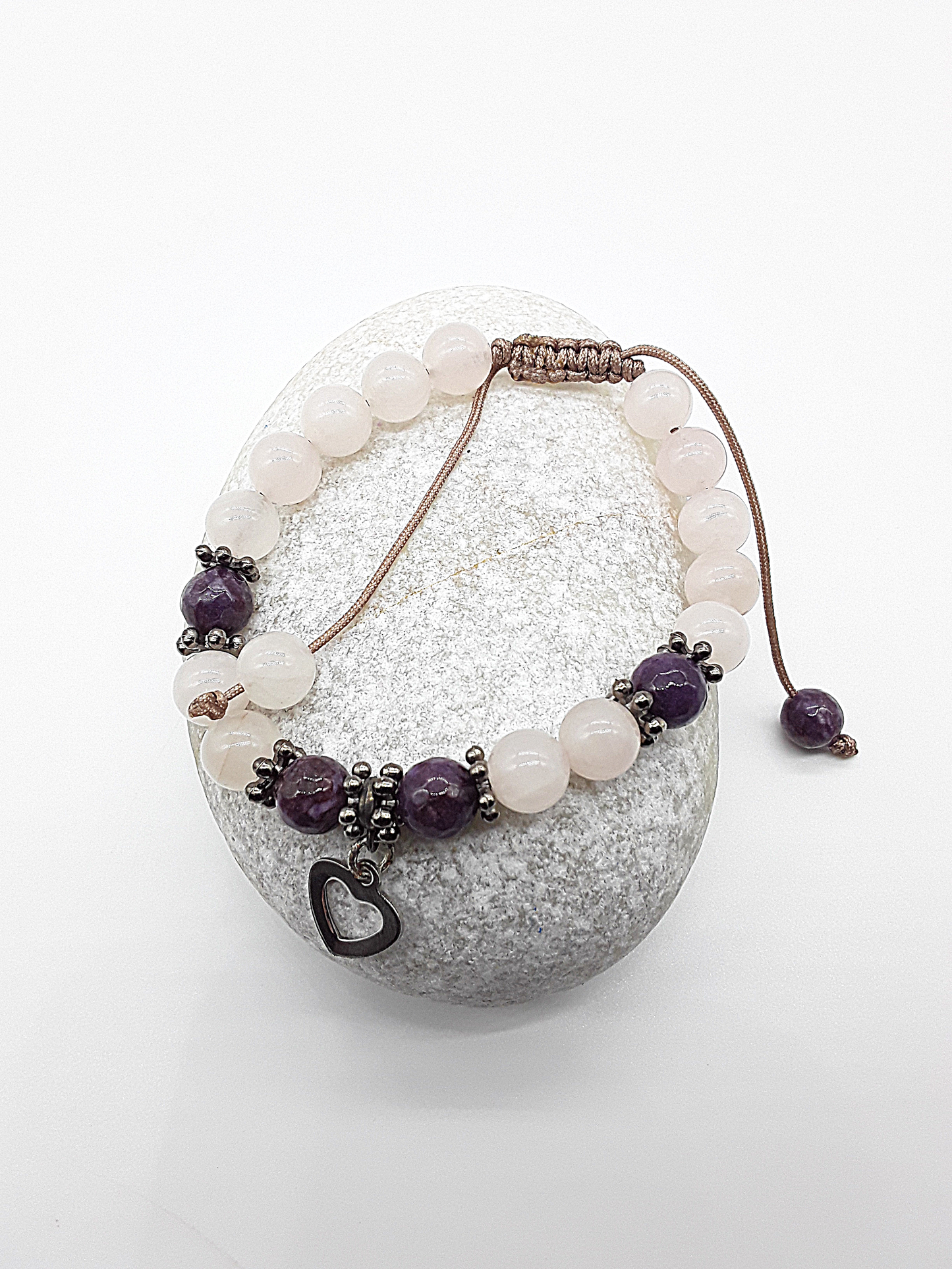 The Heart of Grace Bracelet by Polmadeva – rose quartz and agate bracelet with stainless steel heart symbolizing love, strength, and compassion