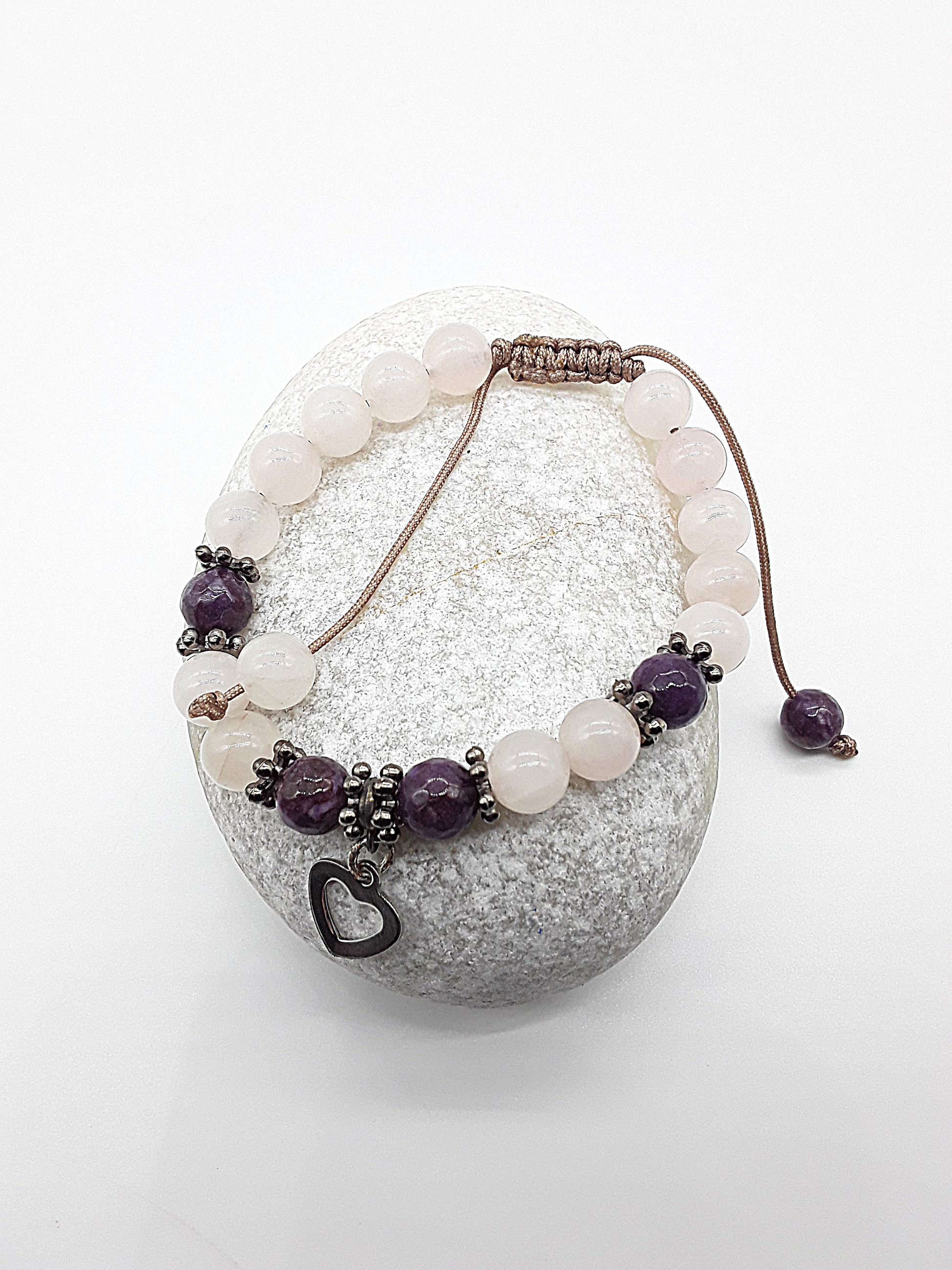 The Heart of Grace Bracelet by Polmadeva – rose quartz and agate bracelet with stainless steel heart symbolizing love, strength, and compassion