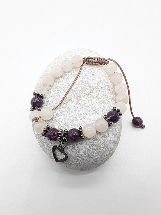 The Heart of Grace Bracelet by Polmadeva – rose quartz and agate bracelet with stainless steel heart symbolizing love, strength, and compassion