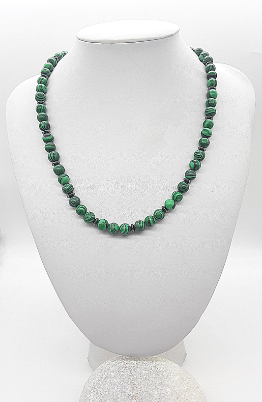 The Verdant Resolve Necklace by Polmadeva – malachite and hematite necklace symbolizing courage, grounding, and natural strength