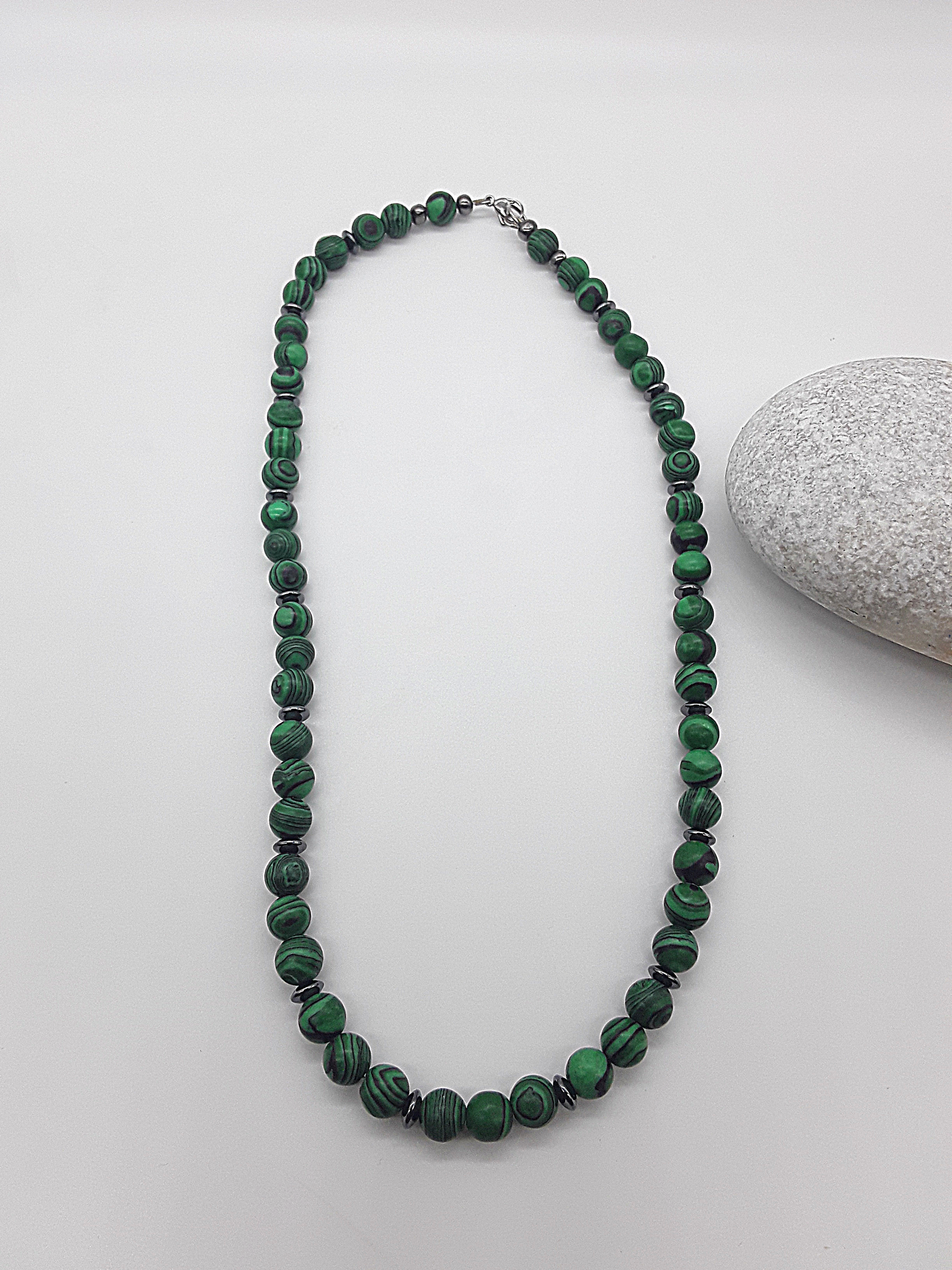 The Verdant Resolve Necklace by Polmadeva – malachite and hematite necklace symbolizing courage, grounding, and natural strength