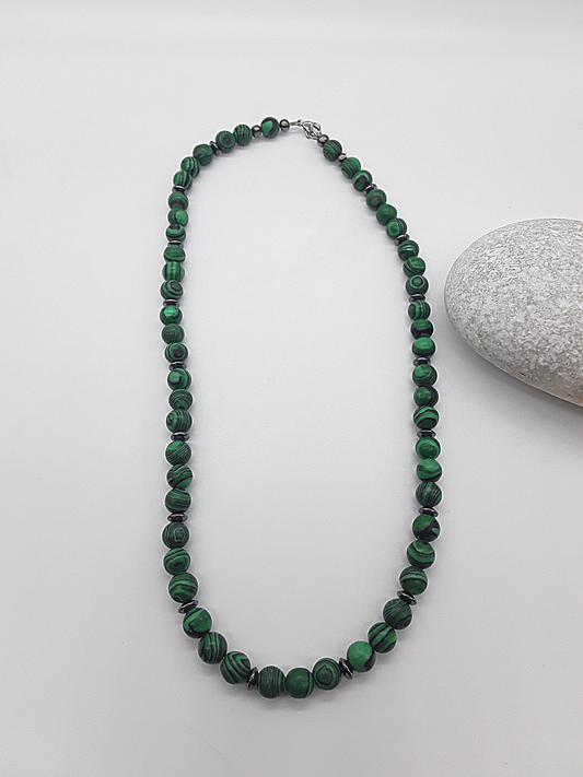 The Verdant Resolve Necklace by Polmadeva – malachite and hematite necklace symbolizing courage, grounding, and natural strength