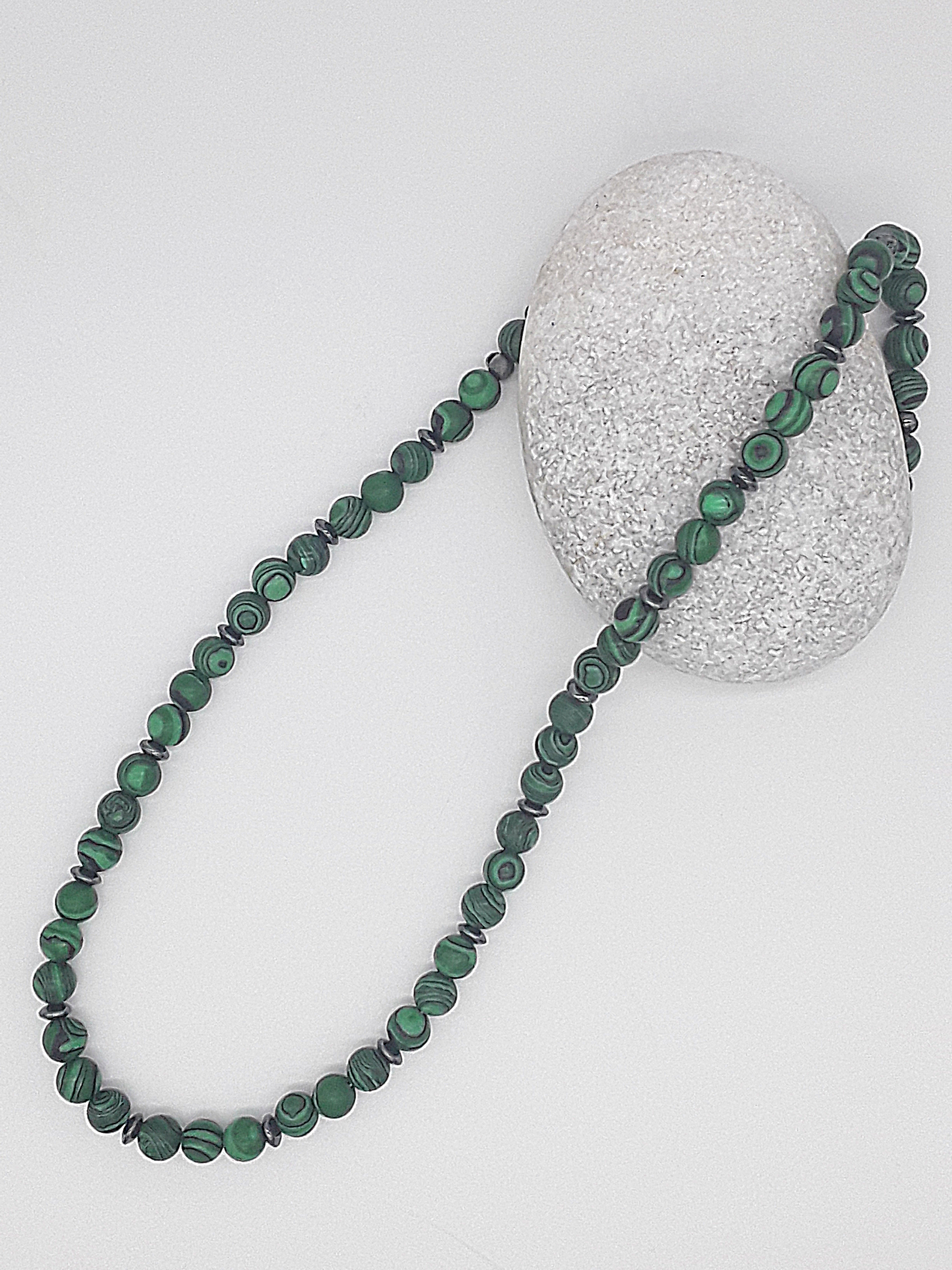 The Verdant Resolve Necklace by Polmadeva – malachite and hematite necklace symbolizing courage, grounding, and natural strength
