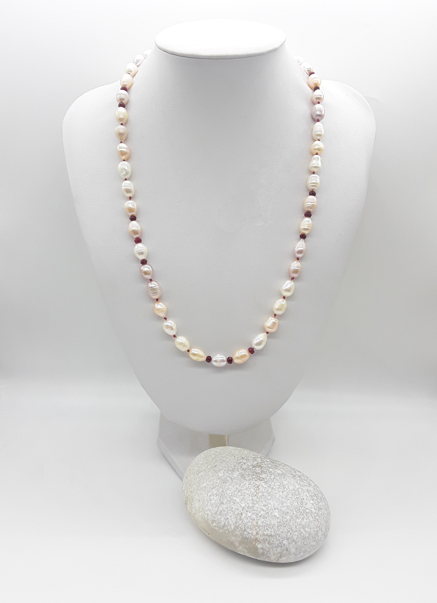 The Pearl of Fire Necklace by Polmadeva – freshwater pearls and ruby beads necklace symbolizing elegance, passion, and rebirth