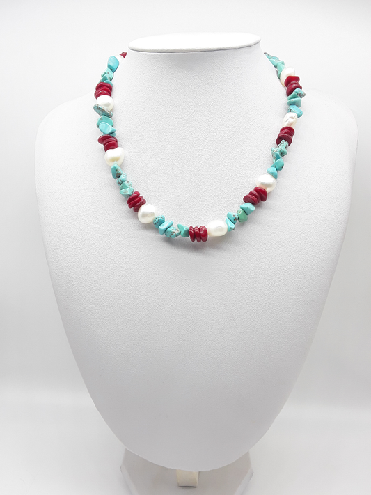 The Ocean’s Renewal Necklace by Polmadeva – turquoise, pearl and red coral necklace symbolizing the ocean’s rhythm and renewal